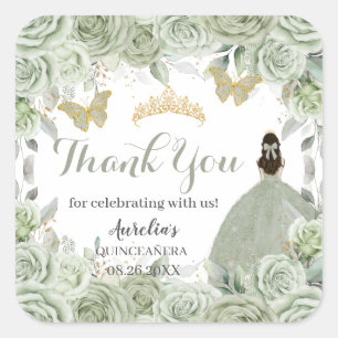 Quinceañera Sage Green Floral Princess Butterflies Vierkante Sticker