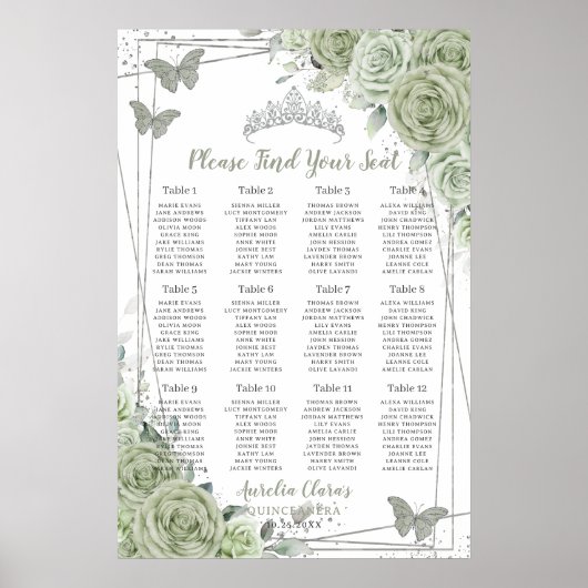Quinceañera Sage Green Floral Silver Seating Chart Poster (Voorkant)