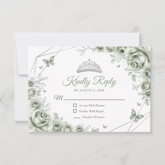 Quinceanera Sage Green Silver Floral Reply RSVP Kaartje (Voorkant)