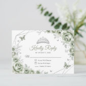 Quinceanera Sage Green Silver Floral Reply RSVP Kaartje (Staand voorkant)
