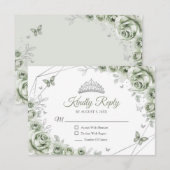 Quinceanera Sage Green Silver Floral Reply RSVP Kaartje (Voorkant / Achterkant)