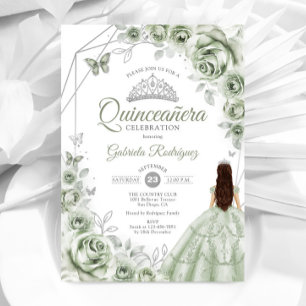 Quinceanera Sage Green Zilveren Jurk Floral Kaart