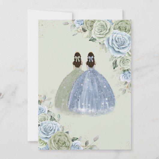 Quinceañera Sage Groen Baby Blauw Bloemen Tweeling Kaart (Achterkant)