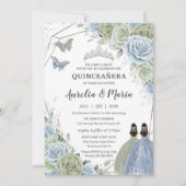 Quinceañera Sage Groen Blauw Bloemen Twins Zilver Kaart (Voorkant)