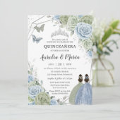 Quinceañera Sage Groen Blauw Bloemen Twins Zilver Kaart (Staand voorkant)