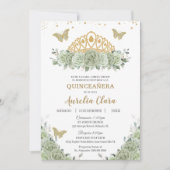 Quinceañera Sage Groen Bloemen Goud Kroon Español Kaart (Voorkant)