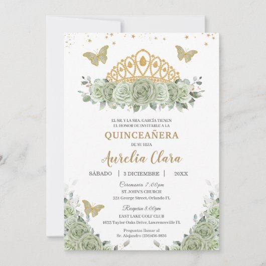 Quinceañera Sage Groen Bloemen Goud Kroon Español Kaart (Voorkant)