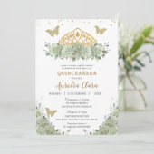 Quinceañera Sage Groen Bloemen Goud Kroon Español Kaart (Staand voorkant)