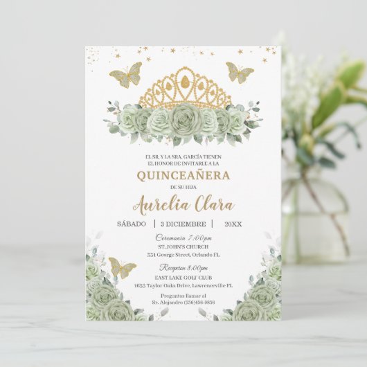 Quinceañera Sage Groen Bloemen Goud Kroon Español Kaart (Staand voorkant)