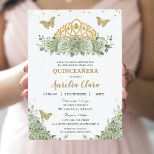 Quinceañera Sage Groen Bloemen Goud Kroon Español Kaart