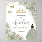 Quinceañera Sage Groen Bloemen Pampas Gras Welkom Poster (Voorkant)