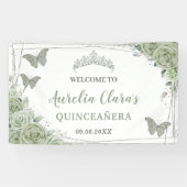 Quinceañera Sage Groen Bloemen Welkom Achtergrond Spandoek (Horizontaal)
