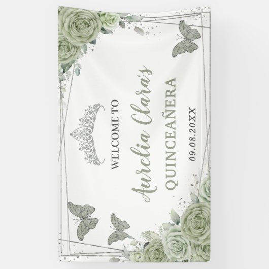 Quinceañera Sage Groen Bloemen Welkom Achtergrond Spandoek (Verticaal)