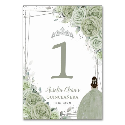 Quinceañera Sage Groen Bloemen Zilver Meisje Jurk Kaart (Achterkant)