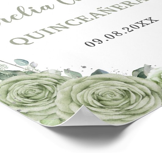 Quinceañera Sage Groen Bloemen Zilver Welkomstbord Poster (Hoek)