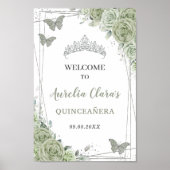 Quinceañera Sage Groen Bloemen Zilver Welkomstbord Poster (Voorkant)