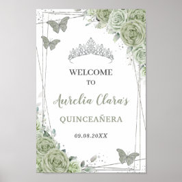 Quinceañera Sage Groen Bloemen Zilver Welkomstbord Poster