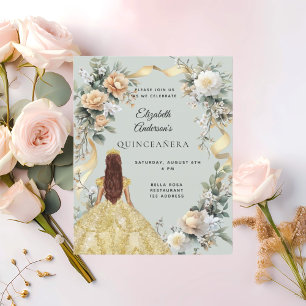 Quinceanera sage groen gouden jurk rozen uitnodigi