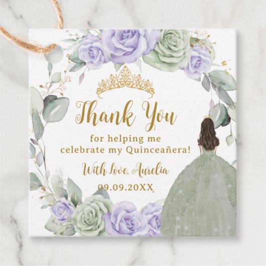 Quinceañera Sage Groen Paarse Lila Bloemengoud Bedankjes Labels (Voorkant)