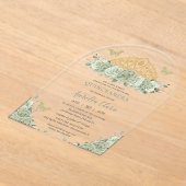 Quinceañera Sage Groene Bloemen Gouden Kroon Vlind Acryl Uitnodigingen (Laagn)