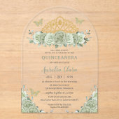 Quinceañera Sage Groene Bloemen Gouden Kroon Vlind Acryl Uitnodigingen (Voorkant)