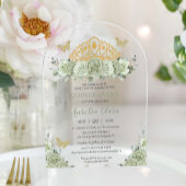 Quinceañera Sage Groene Bloemen Gouden Kroon Vlind Acryl Uitnodigingen
