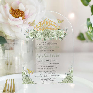 Quinceañera Sage Groene Bloemen Gouden Kroon Vlind Acryl Uitnodigingen