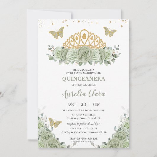 Quinceañera Sage Groene Bloemen Gouden Kroon Vlind Kaart (Voorkant)