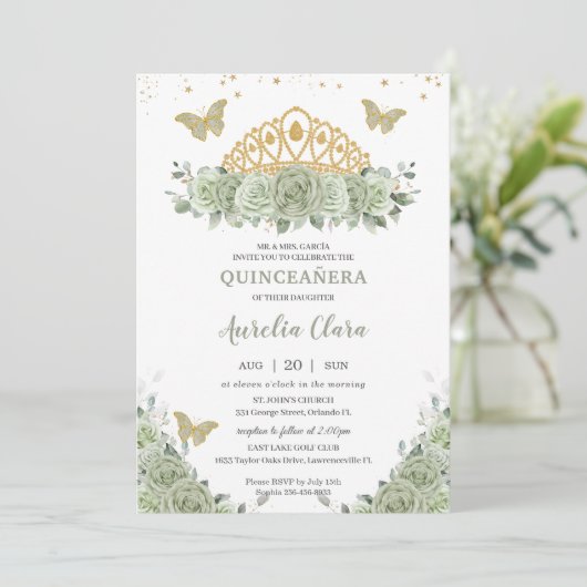 Quinceañera Sage Groene Bloemen Gouden Kroon Vlind Kaart (Staand voorkant)