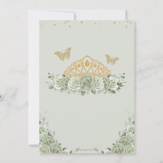 Quinceañera Sage Groene Bloemen Gouden Kroon Vlind Kaart (Achterkant)