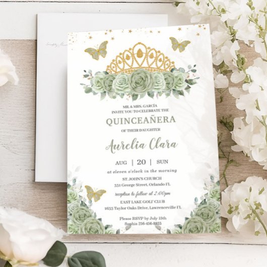 Quinceañera Sage Groene Bloemen Gouden Kroon Vlind Kaart