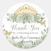 Quinceañera Sage Groene Bloemen Gouden Kroon Vlind Ronde Sticker (Voorkant)