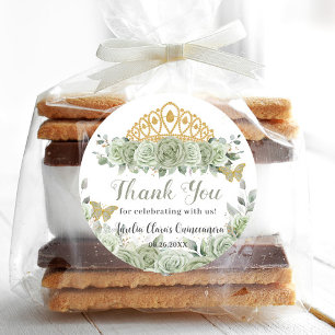 Quinceañera Sage Groene Bloemen Gouden Kroon Vlind Ronde Sticker