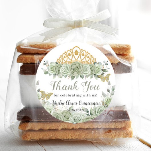 Quinceañera Sage Groene Bloemen Gouden Kroon Vlind Ronde Sticker