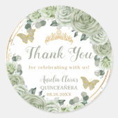 Quinceañera Sage Groene Bloemen Gouden Vlinders Ronde Sticker (Voorkant)