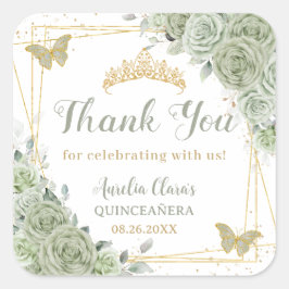 Quinceañera Sage Groene Bloemen Gouden Vlinders Vierkante Sticker