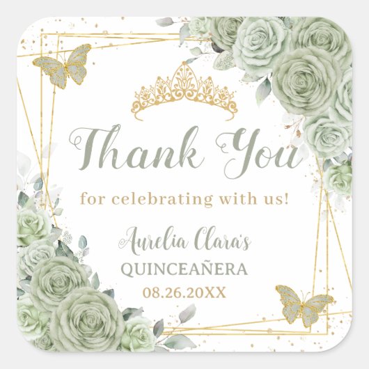 Quinceañera Sage Groene Bloemen Gouden Vlinders Vierkante Sticker (Voorkant)