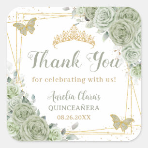 Quinceañera Sage Groene Bloemen Gouden Vlinders Vierkante Sticker