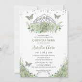 Quinceañera Sage Groene Bloemen Rozen Zilveren Kro Kaart (Voorkant)