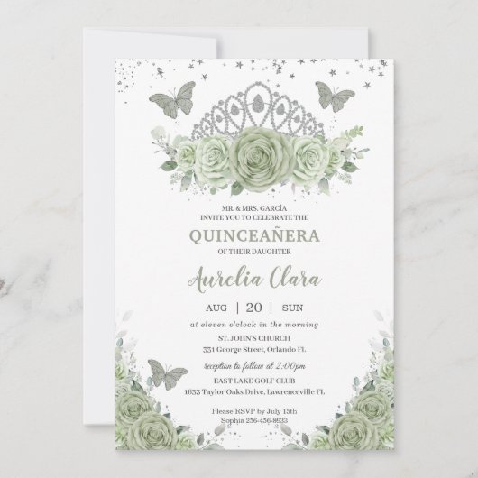 Quinceañera Sage Groene Bloemen Rozen Zilveren Kro Kaart (Voorkant)