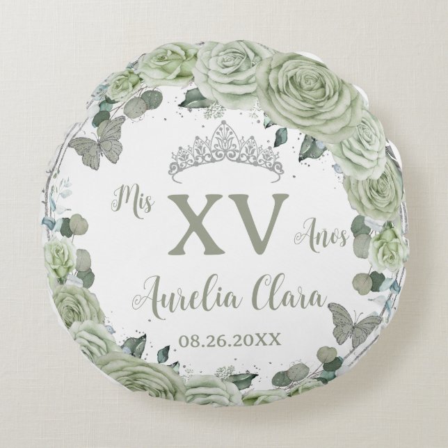 Quinceañera Sage Groene Bloemen Vlinders Jurk Rond Kussen (Voorkant)