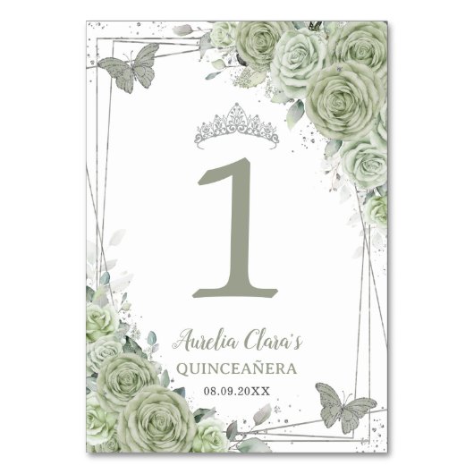 Quinceañera Sage Groene Bloemen Zilveren Vlinders Kaart (Achterkant)