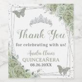 Quinceañera Sage Groene Bloemen Zilveren Vlinders Wijn Etiket (Enkel label)
