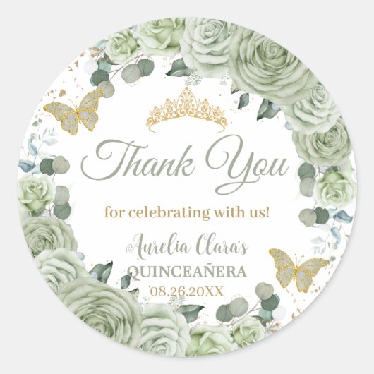 Quinceañera Sage Groene Bloemenvlinders Goud Ronde Sticker (Voorkant)