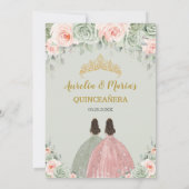 Quinceañera Sage Groene Blush Bloemen Gouden Twins Kaart (Achterkant)