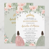 Quinceañera Sage Groene Blush Bloemen Gouden Twins Kaart (Voorkant / Achterkant)
