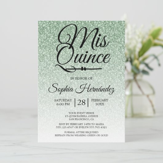 Quinceañera Sage Groene Glitter 15e Verjaardag Kaart (Staand voorkant)