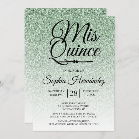 Quinceañera Sage Groene Glitter 15e Verjaardag Kaart (Voorkant / Achterkant)