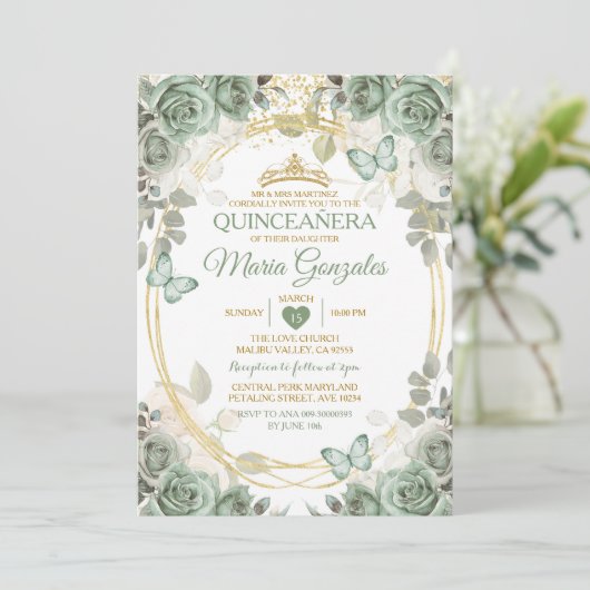 Quinceañera Sage Groene & Gouden Kroonvlinder Kaart (Staand voorkant)