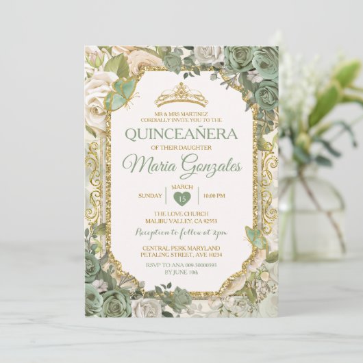 Quinceañera Sage Groene & Gouden Kroonvlinder Kaart (Staand voorkant)